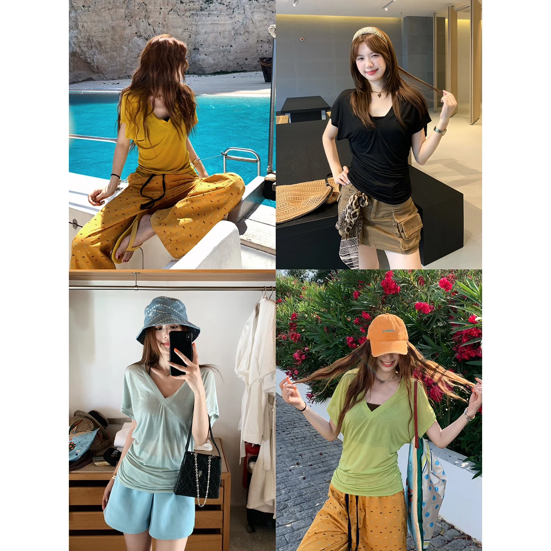 小君君布兰妮 夏日面膜瘦瘦T/实穿系列纯欲蝙蝠袖V领收腰T250258