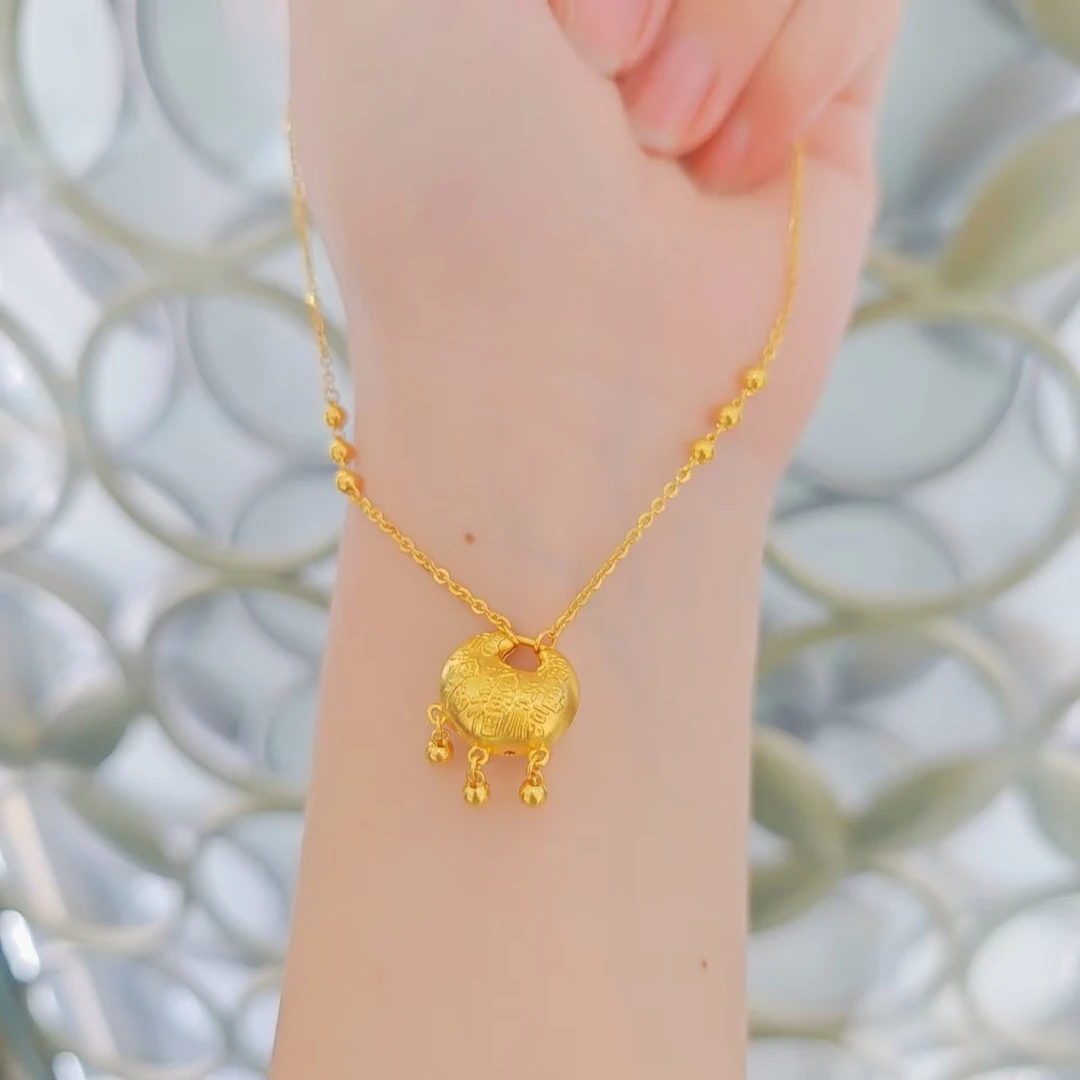 足金999錾刻百福铃铛锁包黄金套链时尚百搭黄金首饰项链