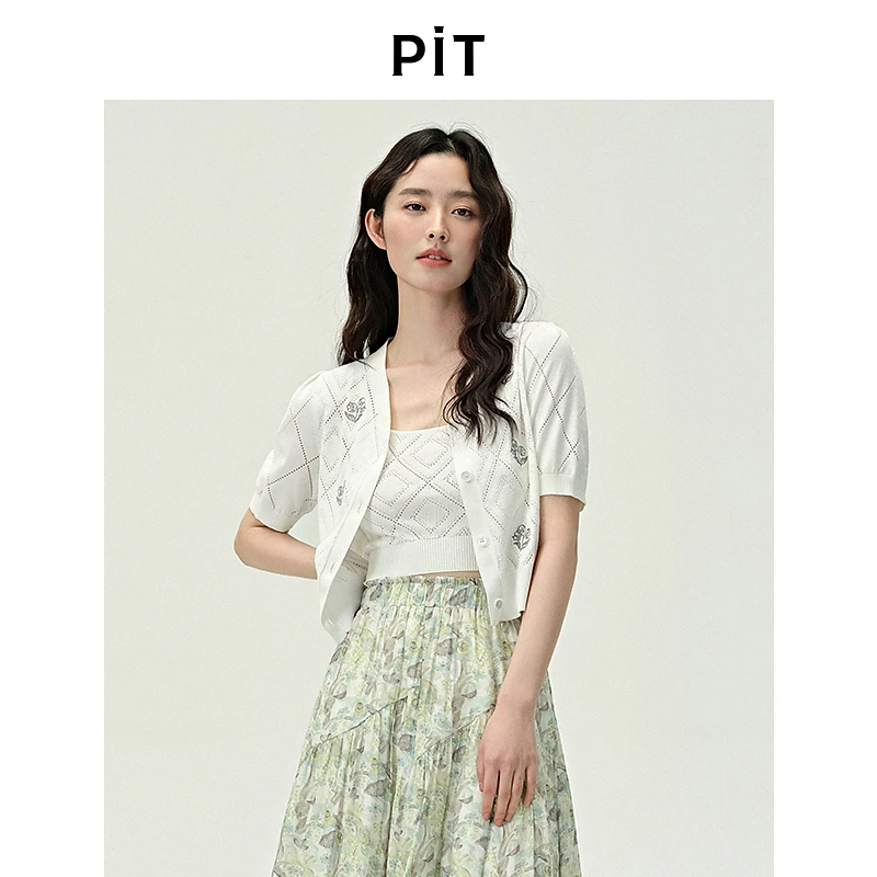 pit白色V领短袖针织开衫女2025春季新款法式复古小个子百搭上衣