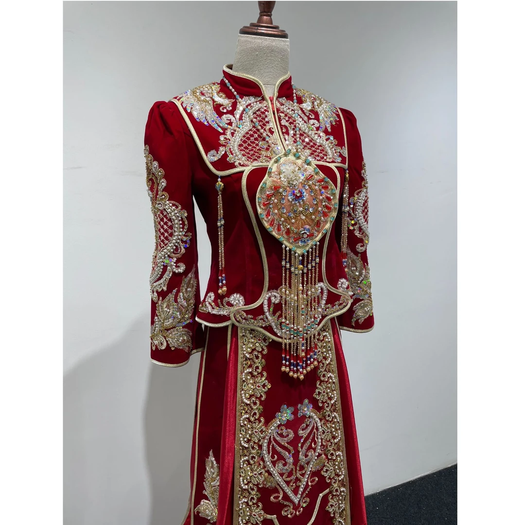 【洛羽婚纱】丝绒新娘红色中式出门秀禾服小个子春夏重工嫁衣出嫁