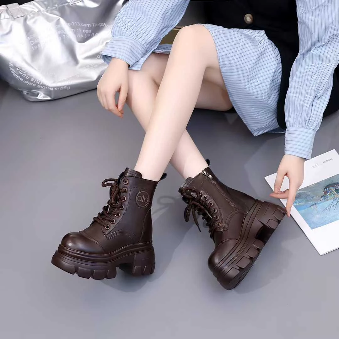 真皮增高厚底马丁靴女2025新款欧货英伦风百搭时尚短靴女春秋单靴