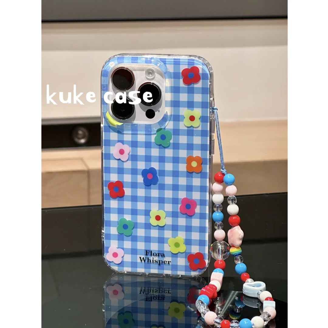 【适用苹果】ins夏日蓝格彩色小花双层亮面硬边手机壳苹果16Pro