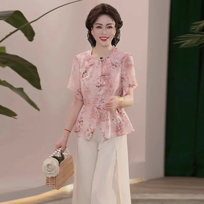 2025洋气妈妈装夏装薄款气质套装粉色碎花收腰显瘦短袖上衣两件套