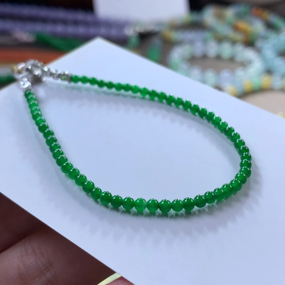 翡翠手链未镶嵌翡翠冰浓绿小米珠卡2.6+