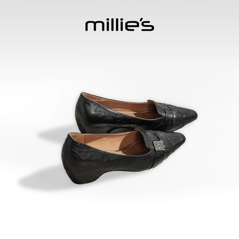MILLIE'S/妙丽夏季新款复古百搭小皮鞋尖头浅口单鞋时尚玛丽珍鞋