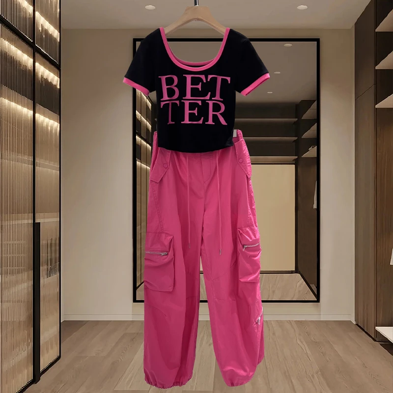 时尚休闲辣妹套装女2025夏新款洋气减龄修身T恤+高腰工装裤一整套