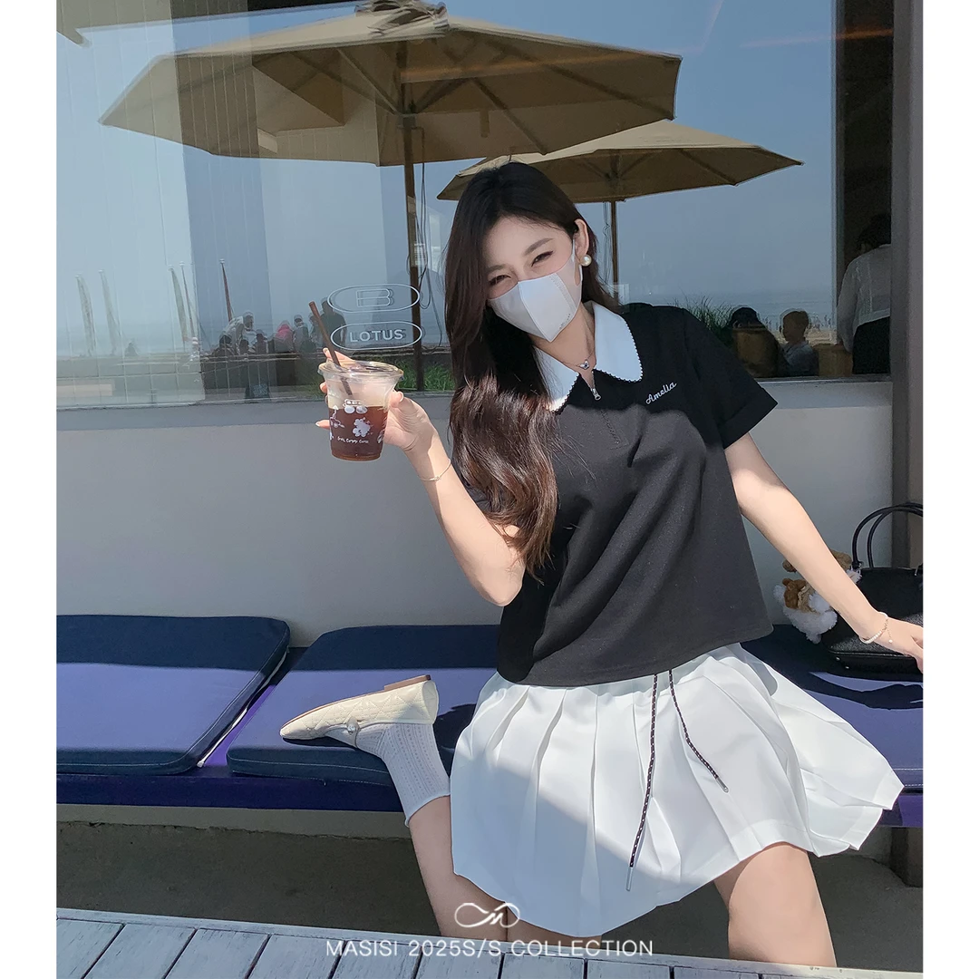 马西西大码女装学院风刺绣翻领Polo套装夏季高腰百褶短裙短袖上衣