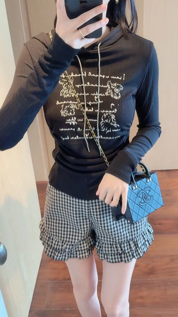 【张静芝】抽绳连帽褶皱设计感T恤