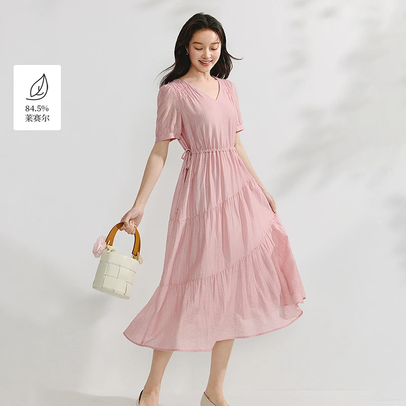 【一秒入夏】茵曼夏季新款莱赛尔V领连衣裙气质通勤泡泡袖长裙