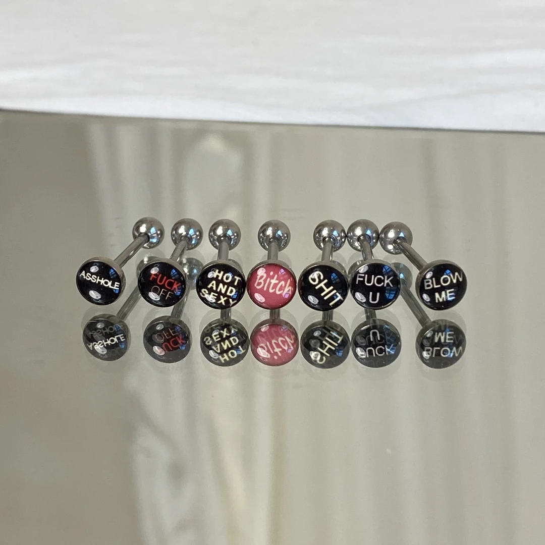 钛钢耳饰 英文单词滴油钛钢外螺旋舌钉饰品杆粗1.6可喝酒