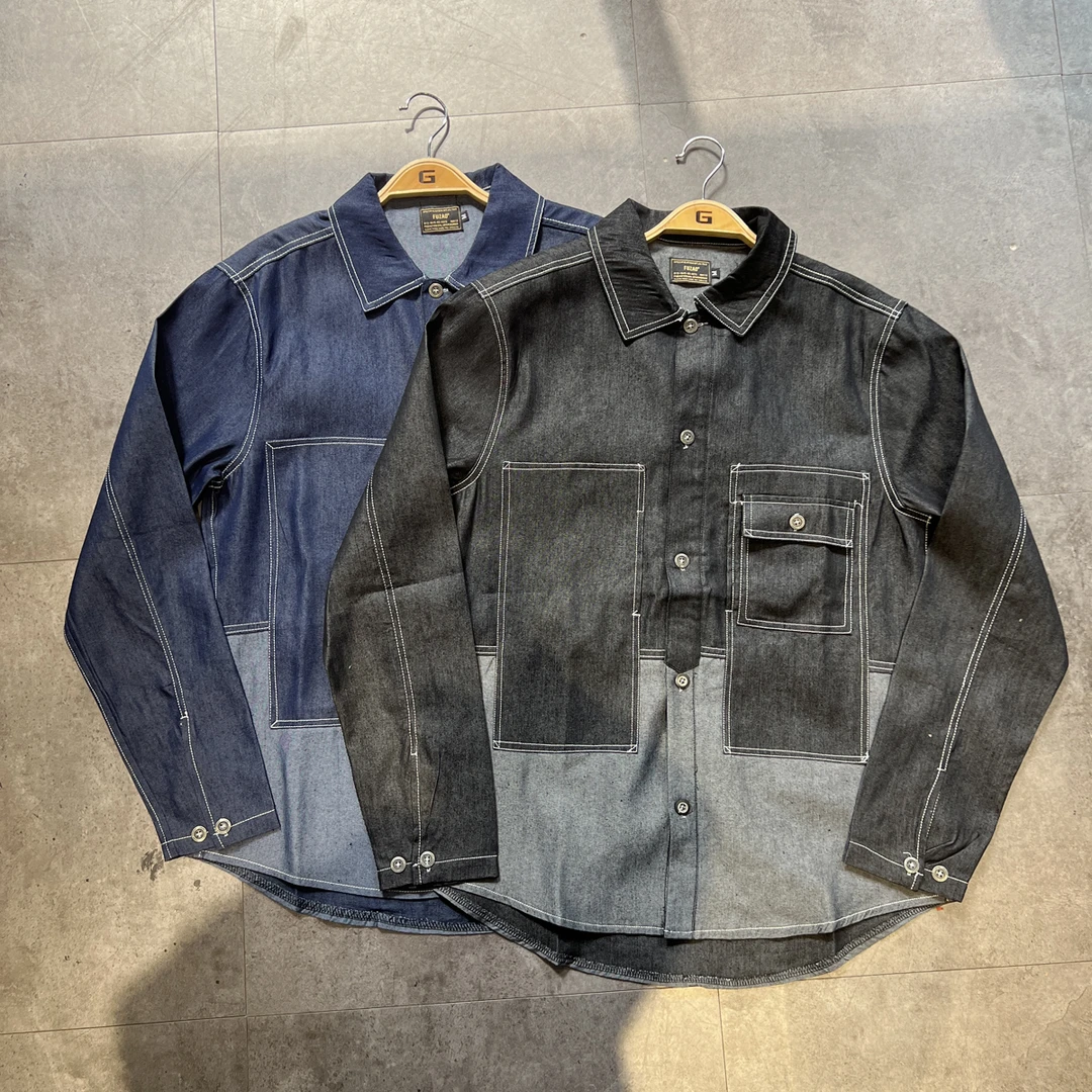 日系cityboy宽松长袖男女拼接撞色衬衫大口袋工装衬衣潮