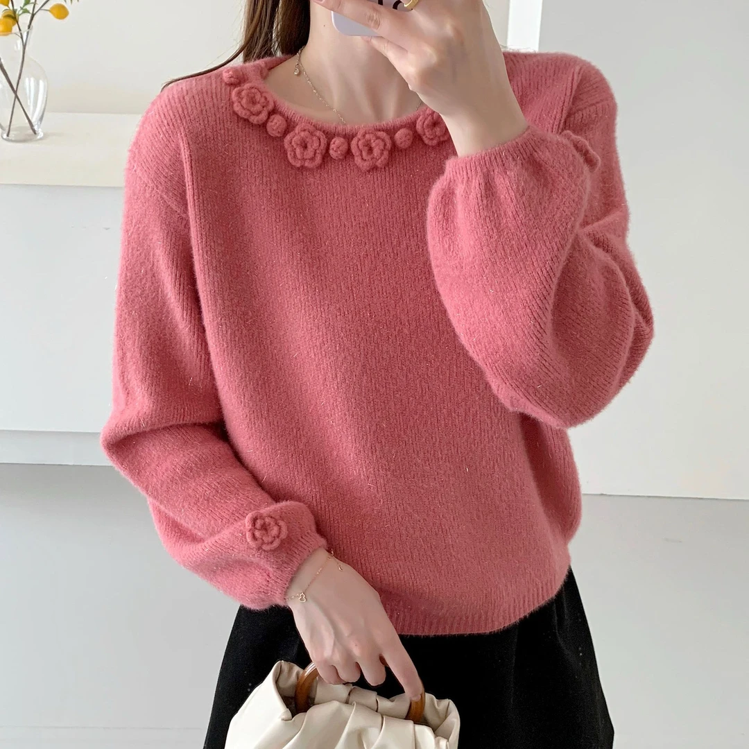 2025冬季新品女装加厚纯色毛衣时尚休闲百搭韩系圆领套头针织衫潮
