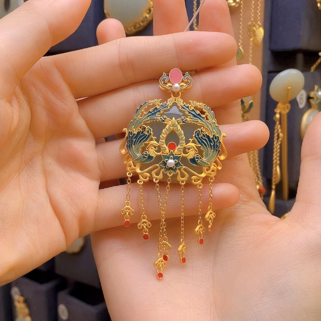 和田玉颈饰银S925镀金镶嵌