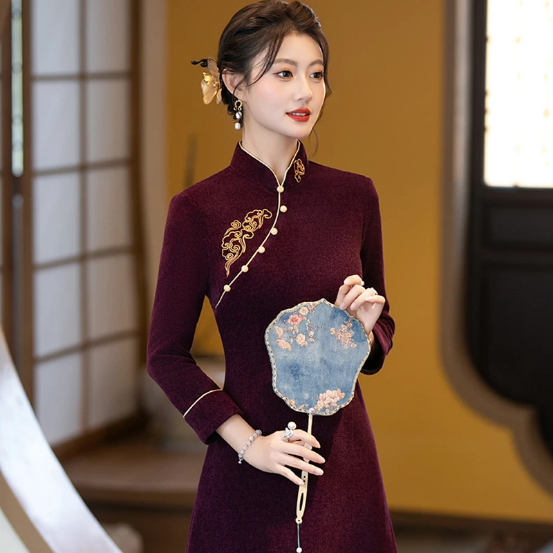 绝美新中式旗袍2025新款秋季日常可穿上海妈妈紫色国风改良连衣裙
