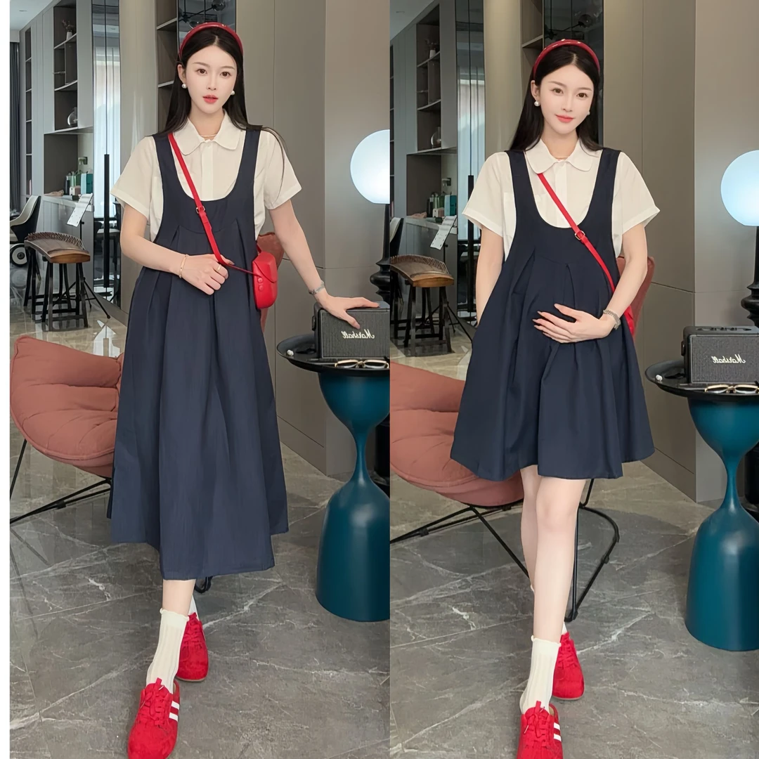 孕妇夏装连衣裙2025新款短袖衬衣宽松显瘦小个子背带裙子宽松夏季