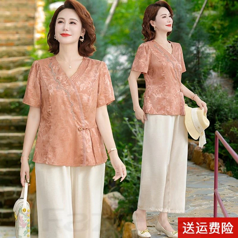 彩羊贵夫人妈妈夏装气质国风套装2025端庄优雅中老年女新中式上衣