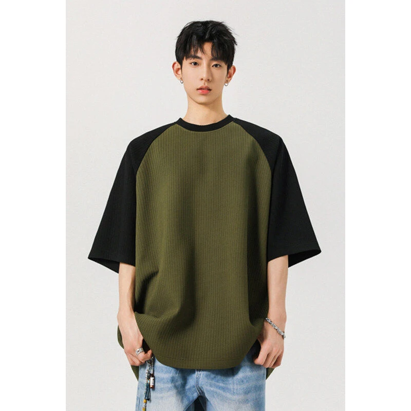 冰感短袖男宽松大码T恤潮牌ins拼色短袖T恤男潮流高街上衣