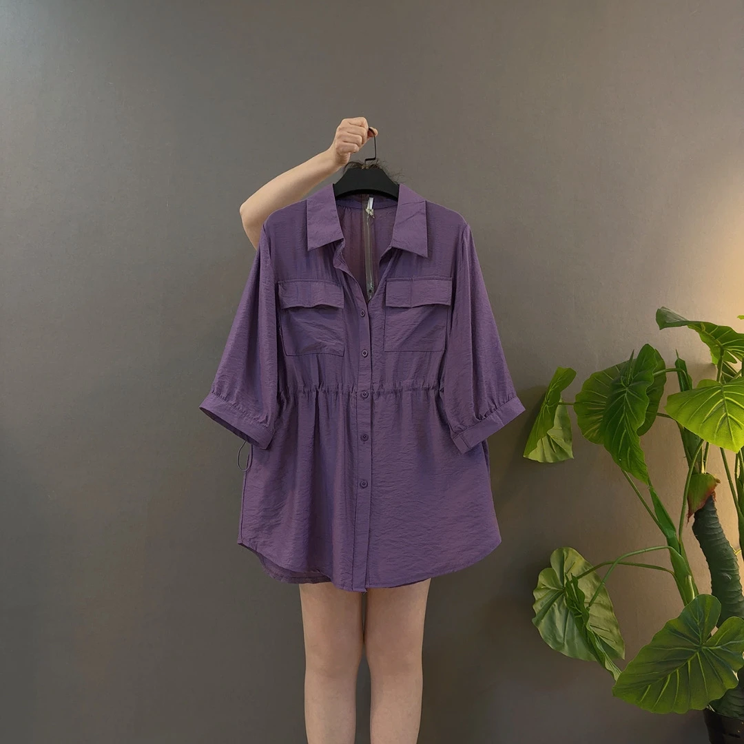 夏季时尚宽松显瘦短袖衬衫休闲女气质遮肚大码衫