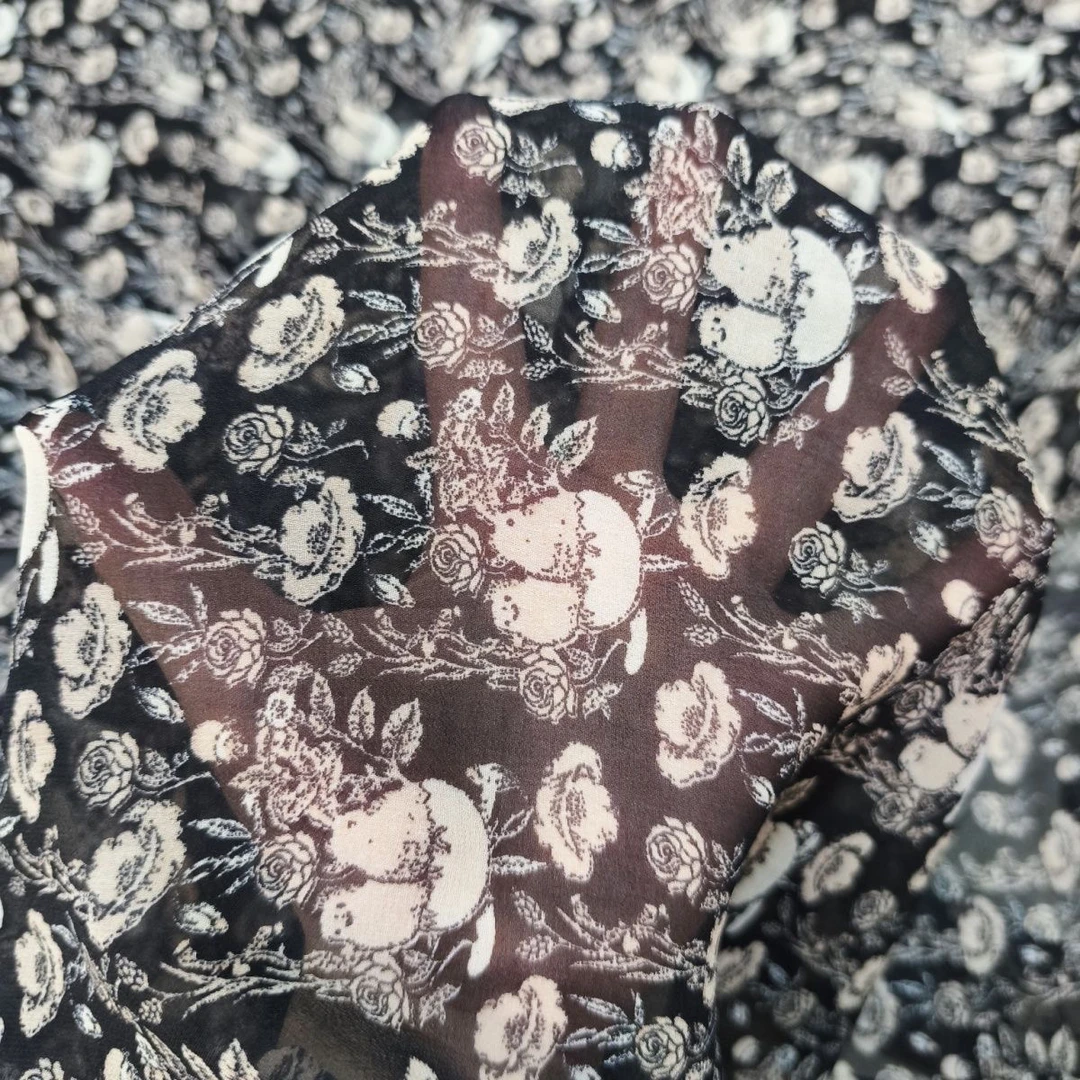 【拍三发四】透肤乔其纱黑色喜鹊裙子布料时装面料