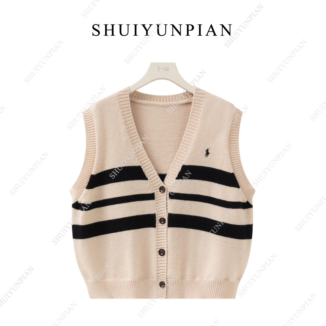 新款绵羊毛针织衫马夹百搭拼接V领条纹外搭秋冬透气