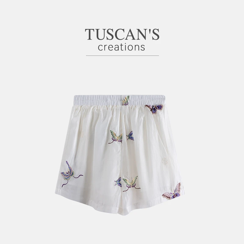 TUSCAN'S CREATIONS夏装时尚蝴蝶刺绣宽松轻熟风休闲短裤双鱼女装