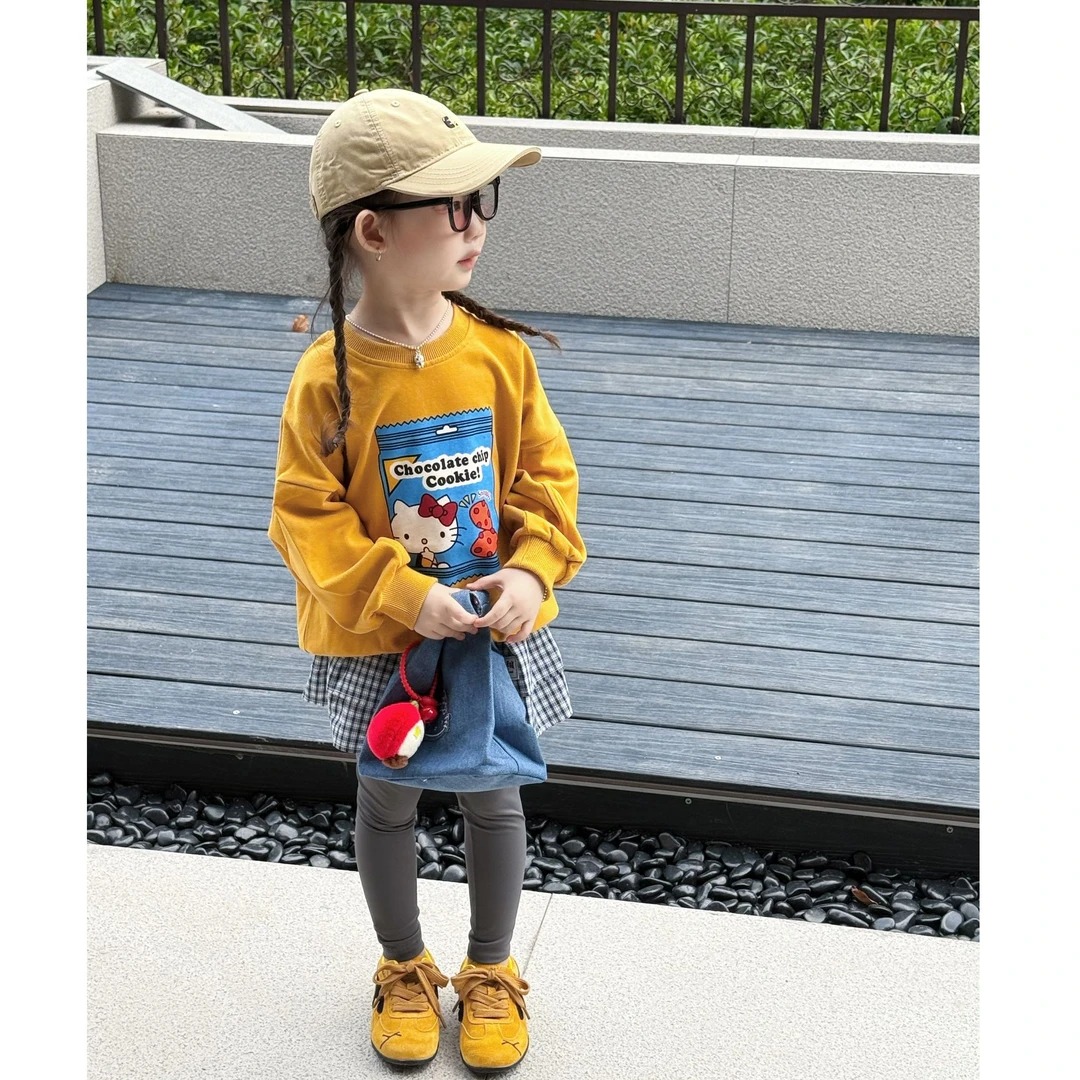 2025秋季新款女童卡通洋气卫衣时髦鲨鱼打底裤格子屁帘三件套