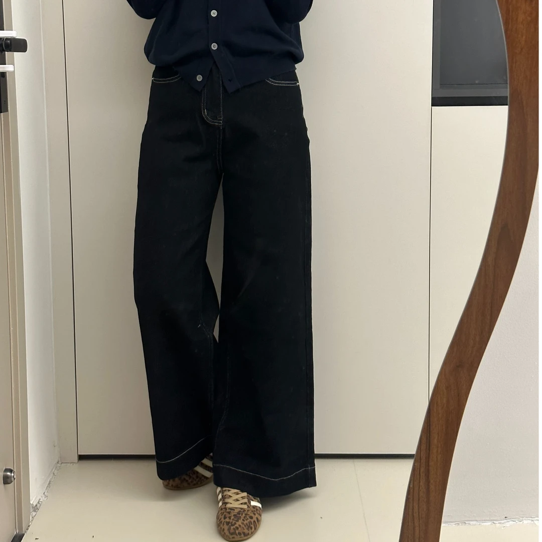 秋款黑蓝色弹力不加绒阔腿牛仔裤（穿到130斤裤长100以上）