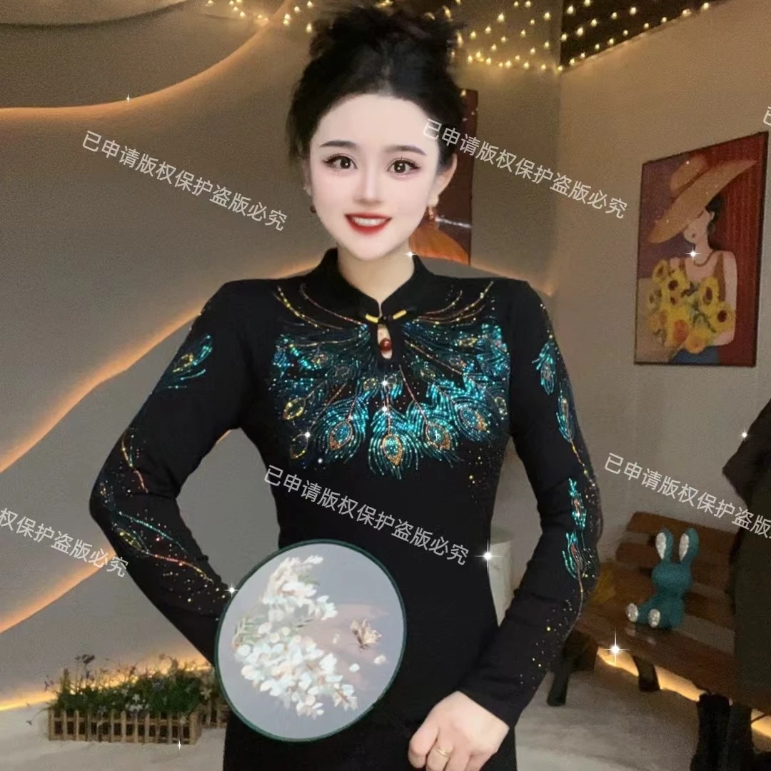 【羽毛之恋】新中式旗袍领时尚爆款洋气重工烫钻打底衫女3164-3194