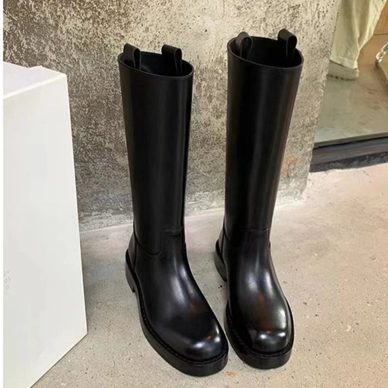 同款欧美圆头高筒靴显瘦增高显腿直厚底真皮骑士靴女秋冬
