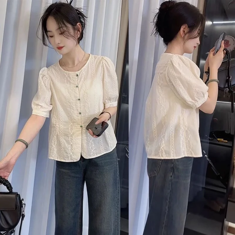 新中式国风衬衫女短袖薄款上衣夏季2025新款高级感小个子刺绣小衫