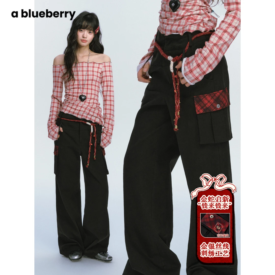 ablueberry 【金蛇启新】高腰辣妹工装裤女格纹休闲长裤BJ3011310