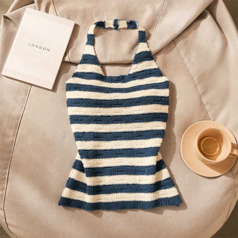 蓝色条纹挂脖针织吊带背心女夏季甜辣妹性感露背短款海边外穿上衣