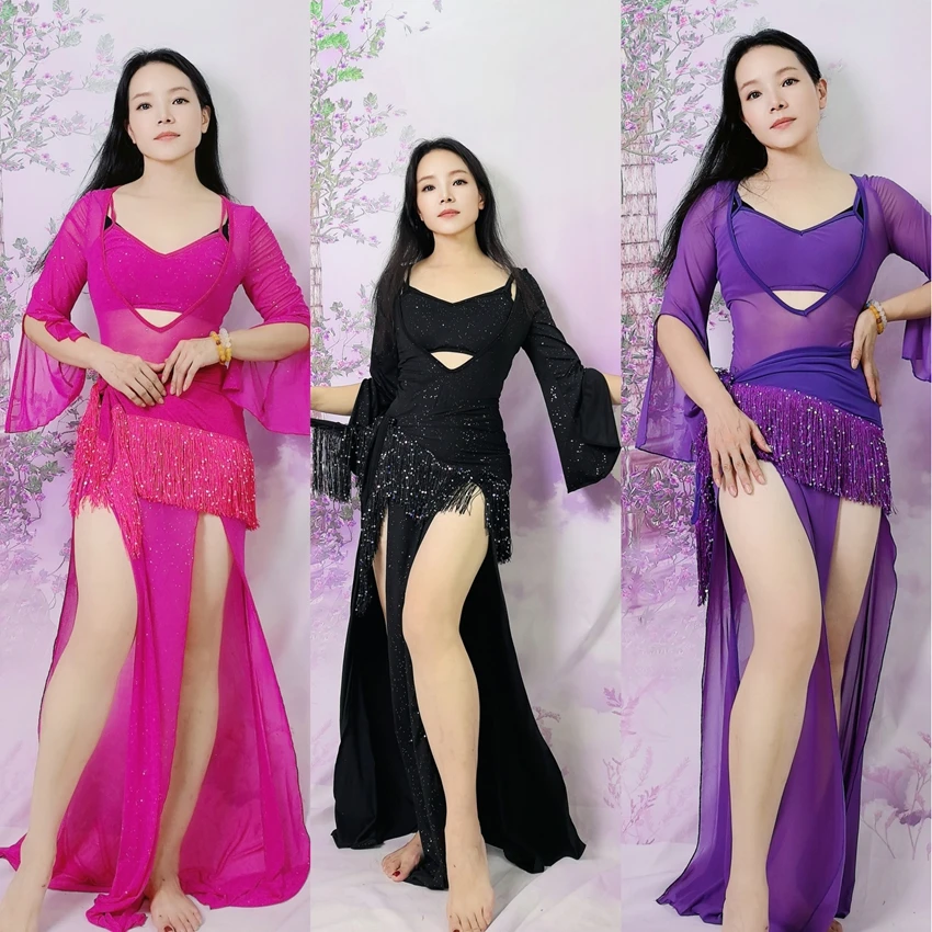 swegal肚皮舞练功服东方舞服装新品袍子配亮片流苏臀巾四件套性感