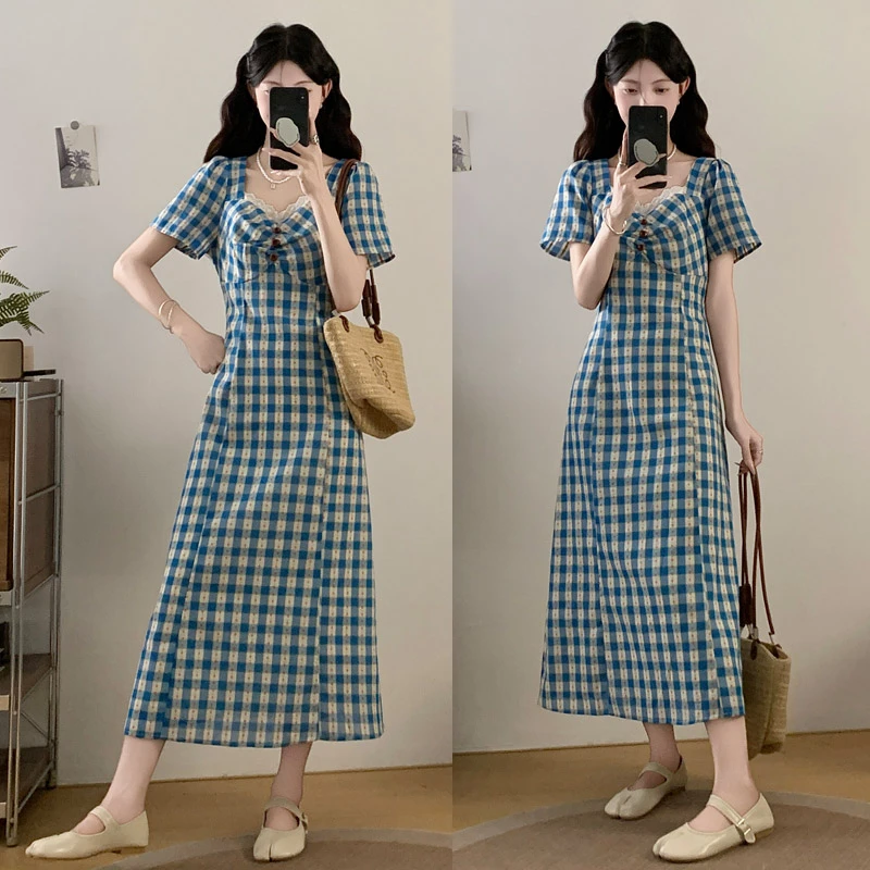 2025夏季新款微胖大码女装韩系格纹连衣裙甜美温柔拼接公主连衣裙
