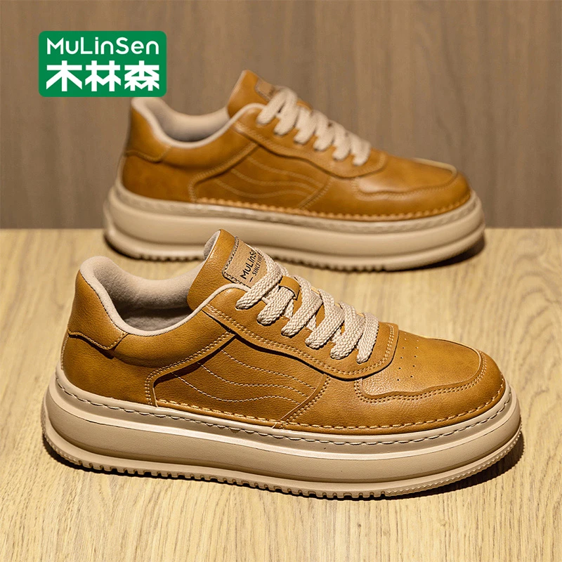木林森男鞋2025年新款秋季复古皮面休闲板鞋男款百搭厚底运动潮鞋
