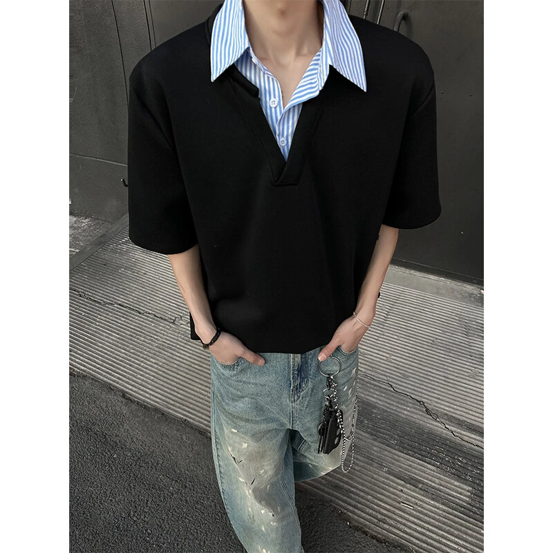 cleanfit假两件短袖男夏季内搭美式复古重磅正肩t恤衬衫领polo衫