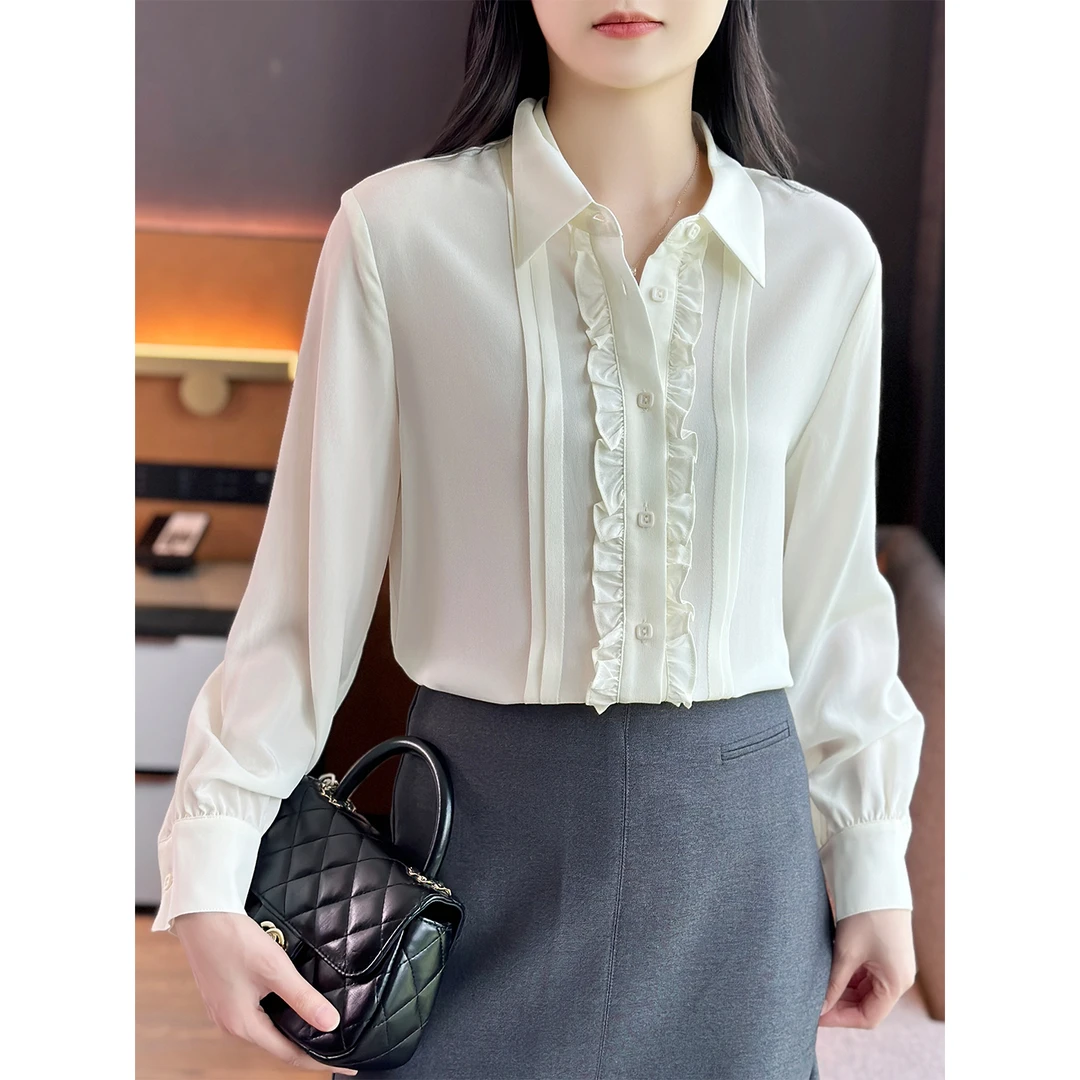 左左家 IC小禾元厂易打理系列~法式木耳边双绉真丝白色桑蚕丝衬衫
