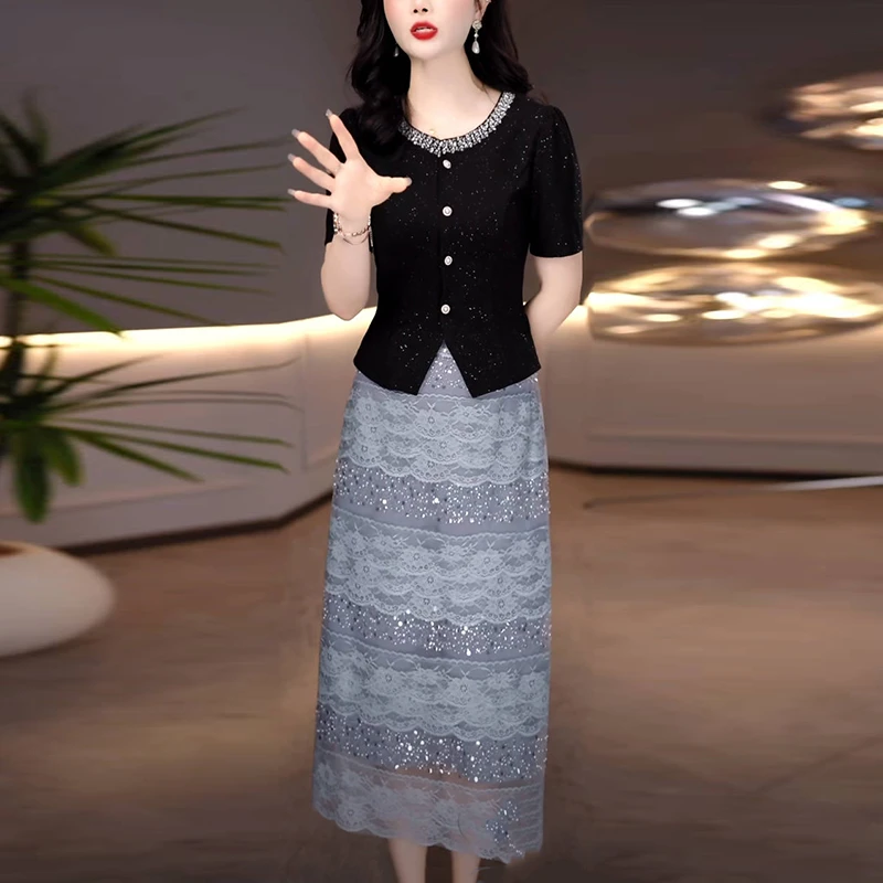 气质夏季短袖小香风裙子套装女2025新款爆款洋气显瘦两件套连衣裙