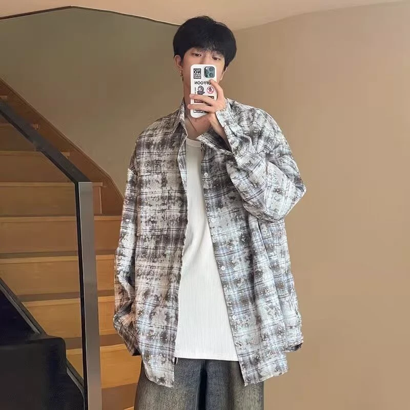 美式复古扎染格子衬衫休闲秋季宽松感长袖衬衣潮牌小众情侣款外套