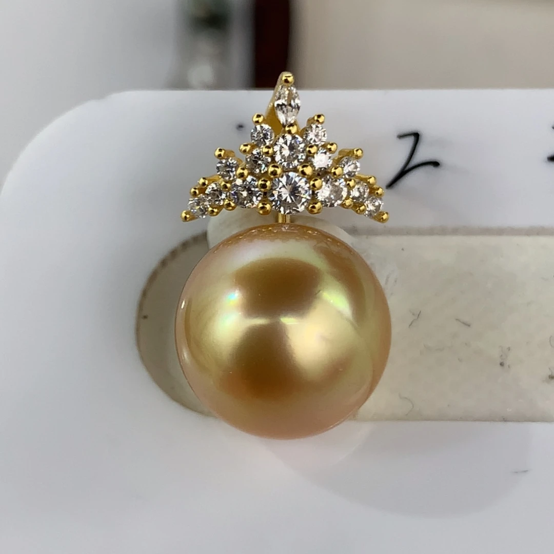 银S925镀金镶嵌吊坠(不含链)定制海水珍珠12.9mm金珠裸珠两颗