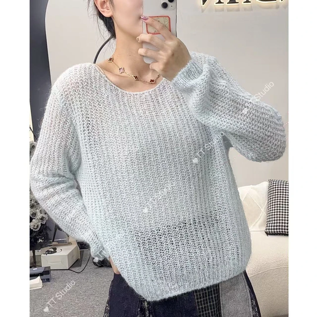 TT家/海盐/蓝色镂空设计感圆领毛衣秋冬季女装针织衫