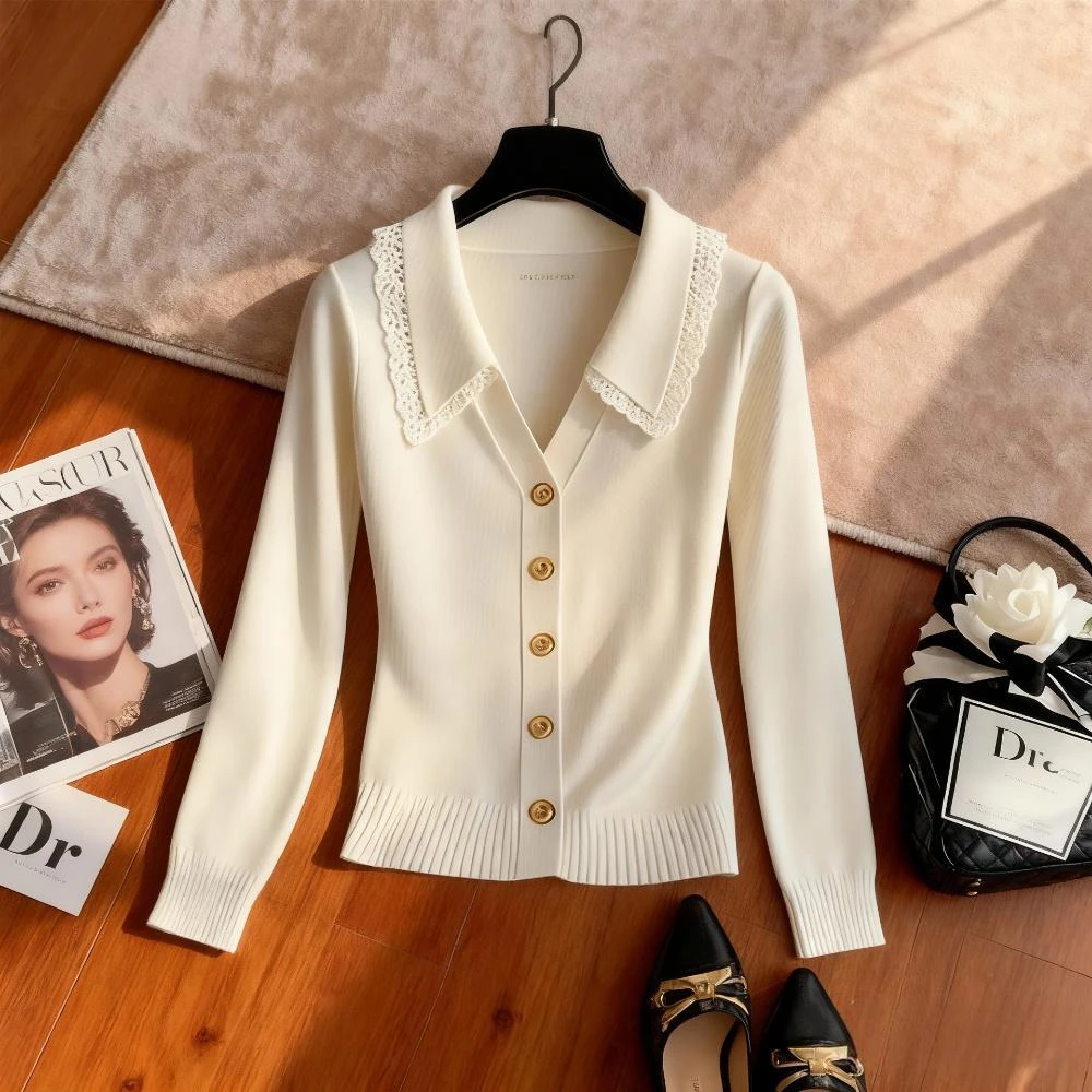 2025韩系纯欲慵懒风针织衫显瘦减龄轻奢纯色简约通勤蕾丝拼接上衣