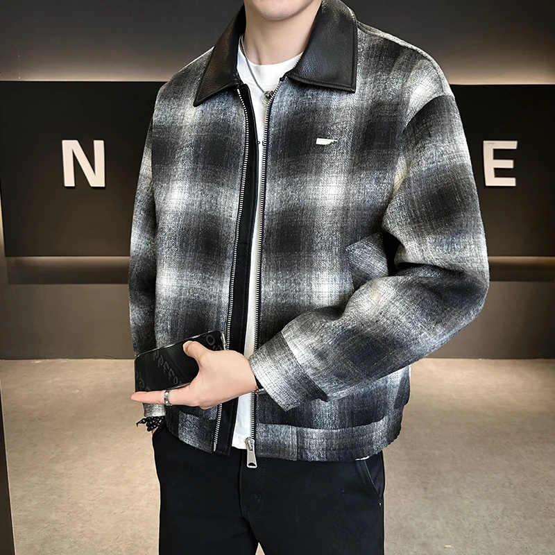 格子毛呢外套男宽松重磅美式复古夹克秋冬款潮牌高级感轻熟风衣服