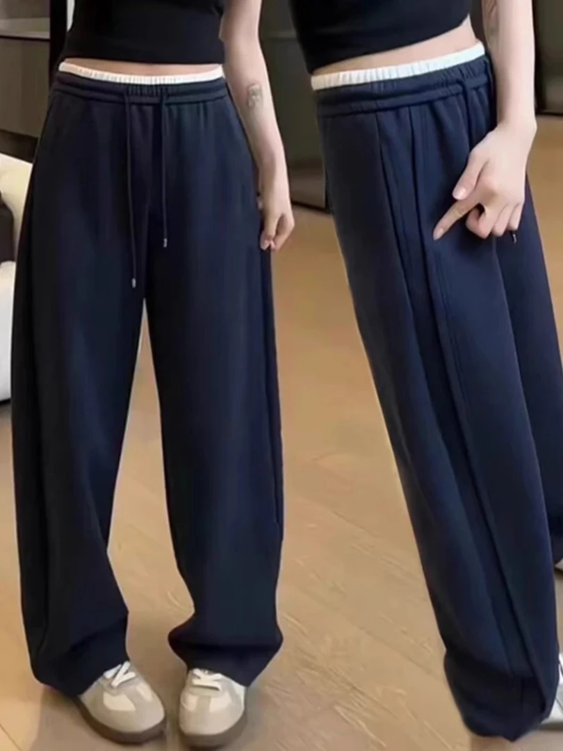 大码撞色弯刀休闲裤2025秋季新款梨型身材高腰宽松显瘦阔腿拖地裤