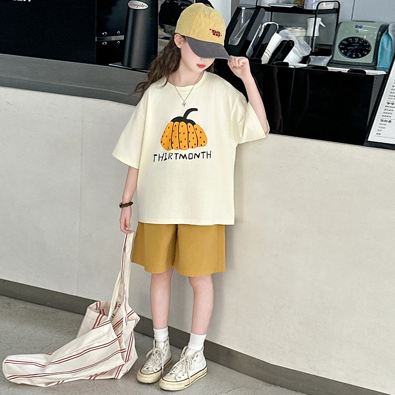 女童夏装韩版时尚套装2025新款中大儿童洋气夏季宽松短袖休闲短裤