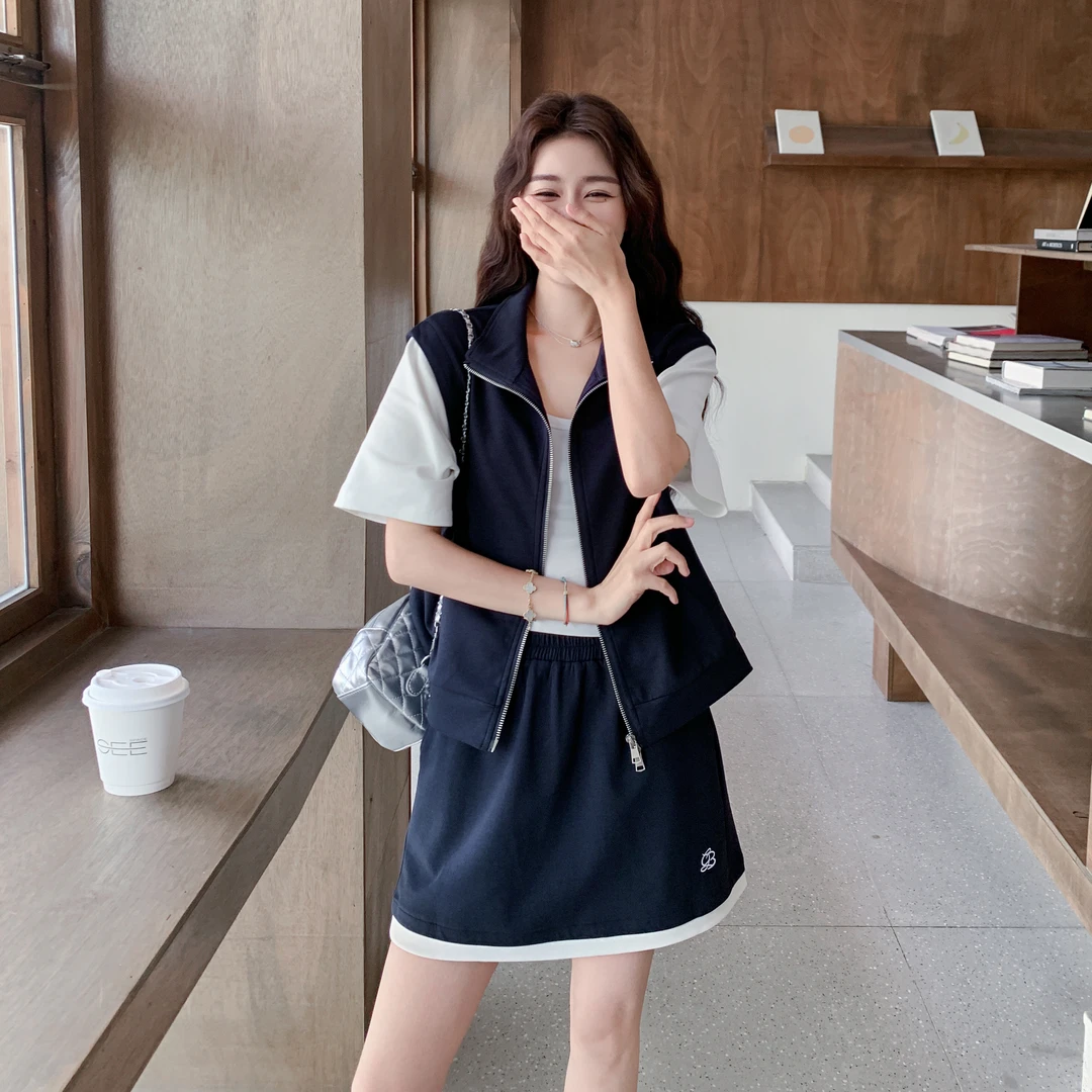 韩系拼接短袖半身裙套装女2025夏新款设计感假两件上衣短裙两件套