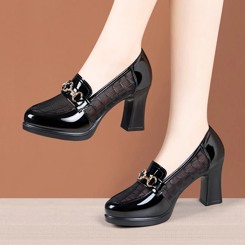 高跟鞋乐福鞋女新款厚底皮鞋深口网纱透气单鞋女镂空百搭工作单鞋