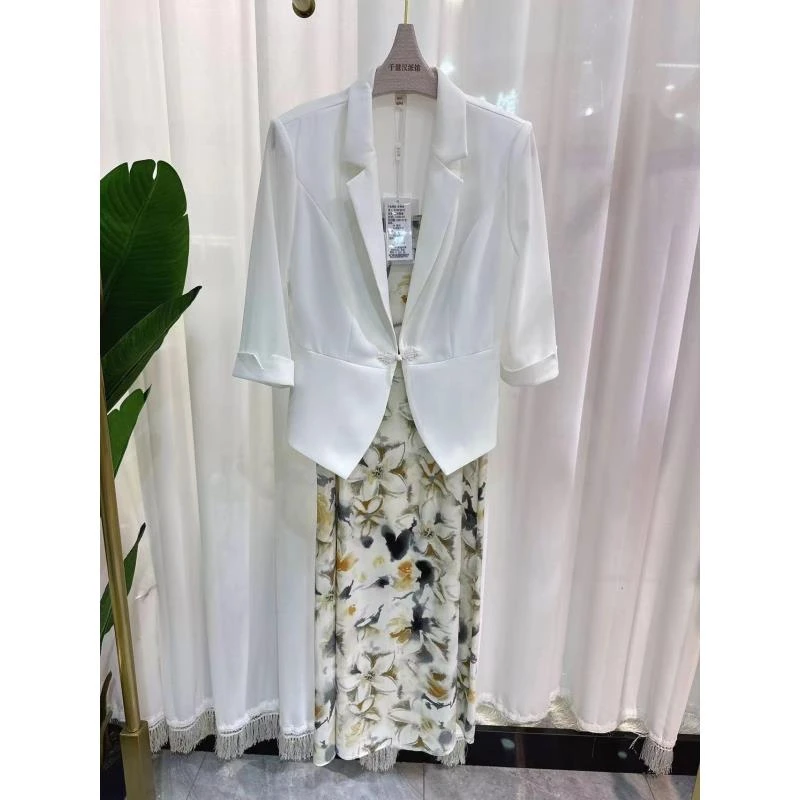【T070】时尚套裙女西服上衣印花连衣裙两件套2024春季专柜正品