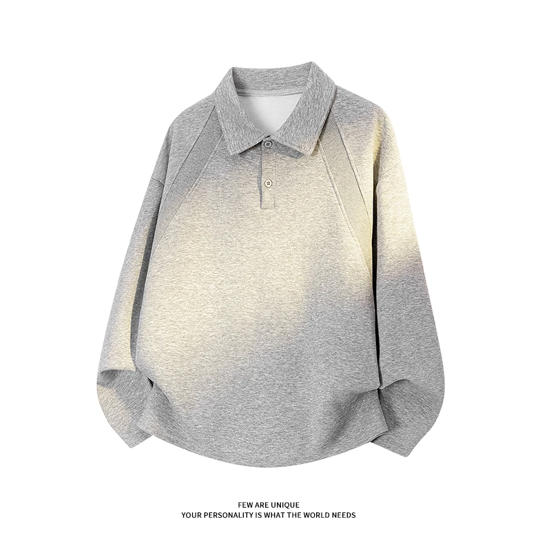 美式解构拼接翻领长袖POLO衫男秋季重磅cleanfit宽松T恤卫衣上衣