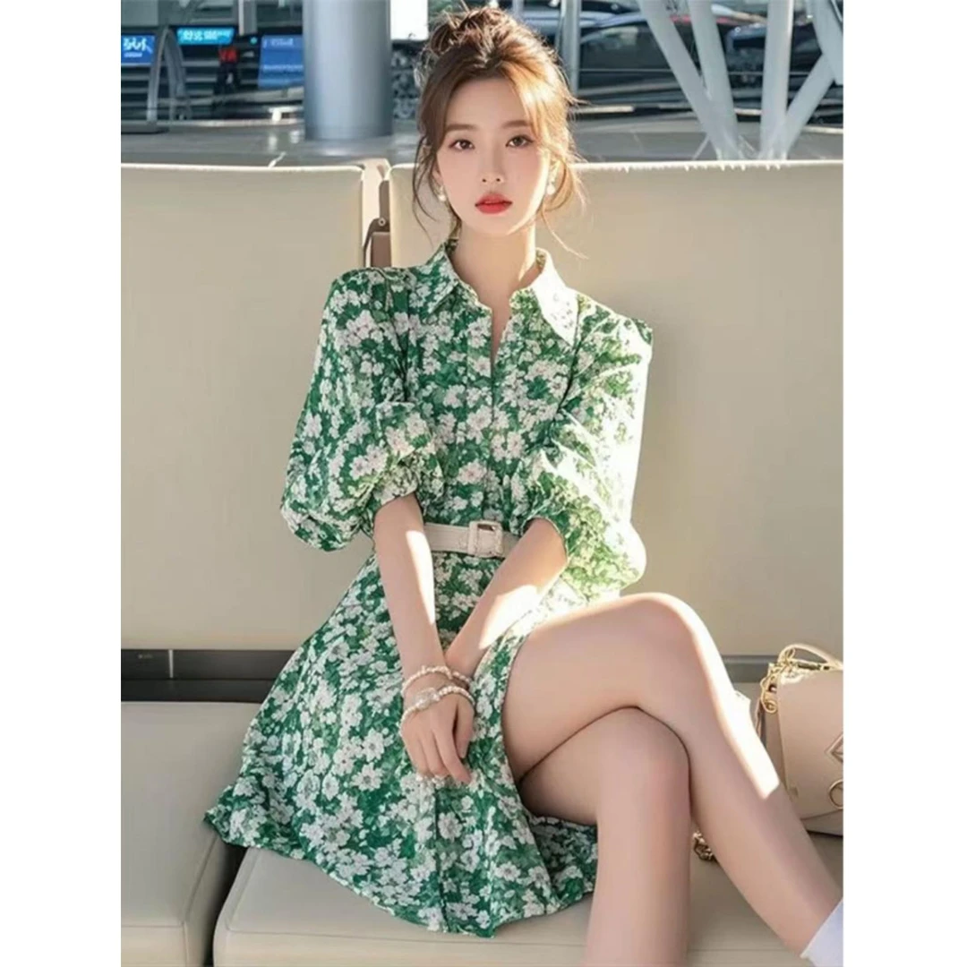 韩系减龄洋气绿色碎花长袖衬衫连衣裙女装2025春季新款绝美短裙子